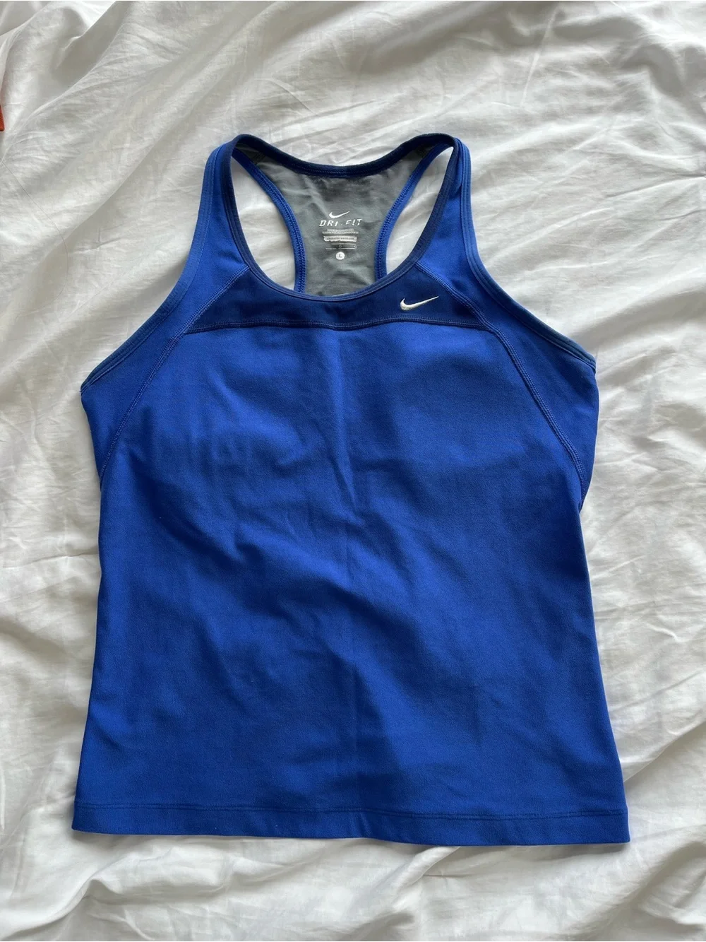 Nike Dri-FIT Racerback Running Tank Built-In Bra Back Pockets Royal Blue Size L - Picture 2 of 7